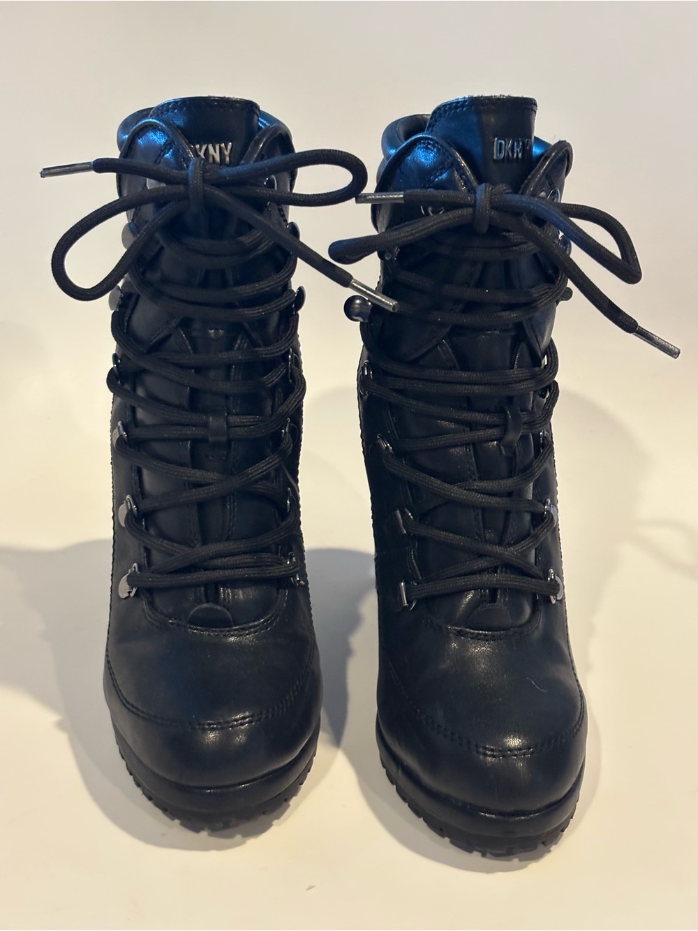DKNY Black Lace-Up Leather Combat Ankle Boots